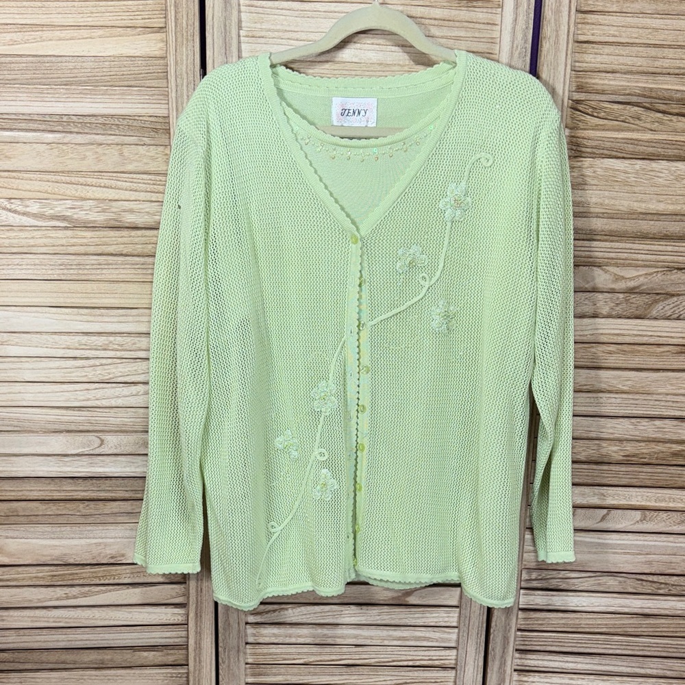Jenny Zeny Light Green Cardigan with Floral Embroidery 2-Piece Size 1X